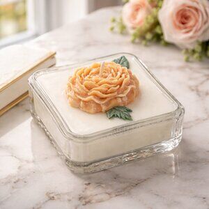 Lovely Yellow Gold Rose Candle in a Glass Container with Leaves - New